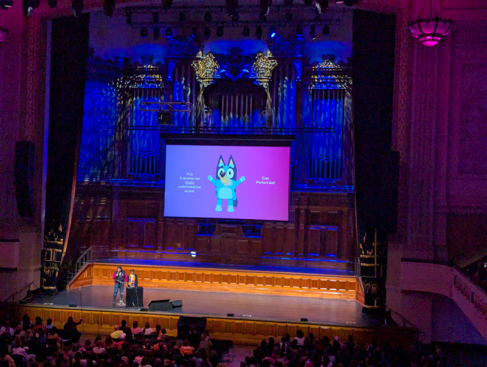 Photo of a slide from Freeplay Parallels depicting Bluey the dog