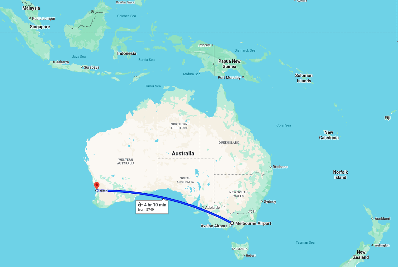 Map showing 4 hours flight time between Perth and Melbourne